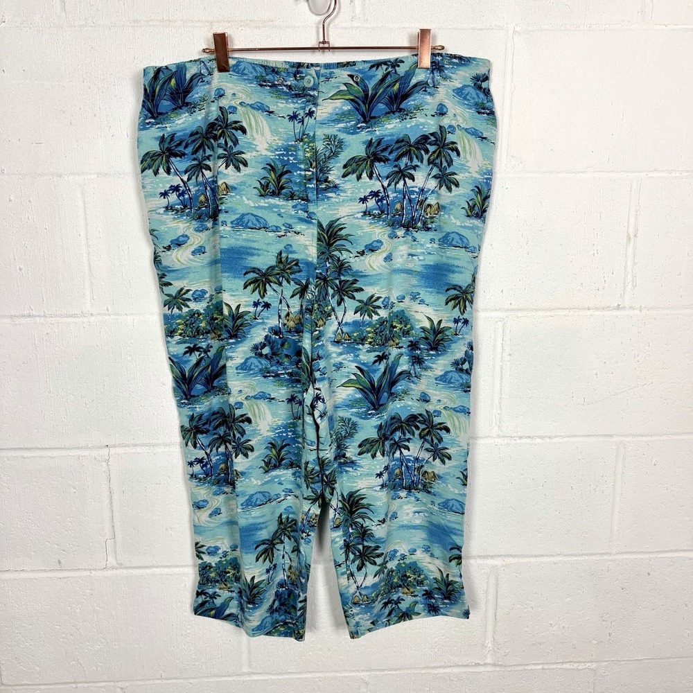 VTG E.L.C.C. 100% Silk Capri Cropped Pants SZ 2X Blue Tropical Palm Trees Resort